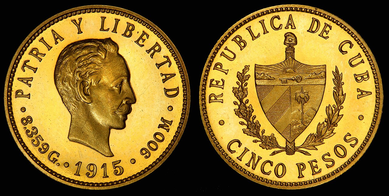 Antigua moneda cubana de cinco pesos de oro (1915)